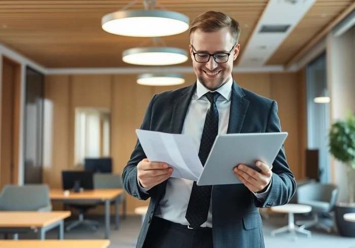 Headhunter Mühlheim prüft Bewerbungsunterlagen in modernem Büro.