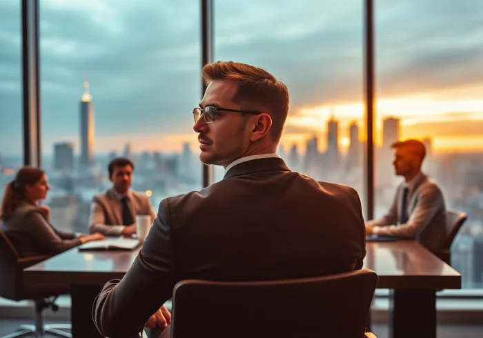 Interaktion zwischen einem Headhunter für Sales und Verkäufern in einem modernen Büro.