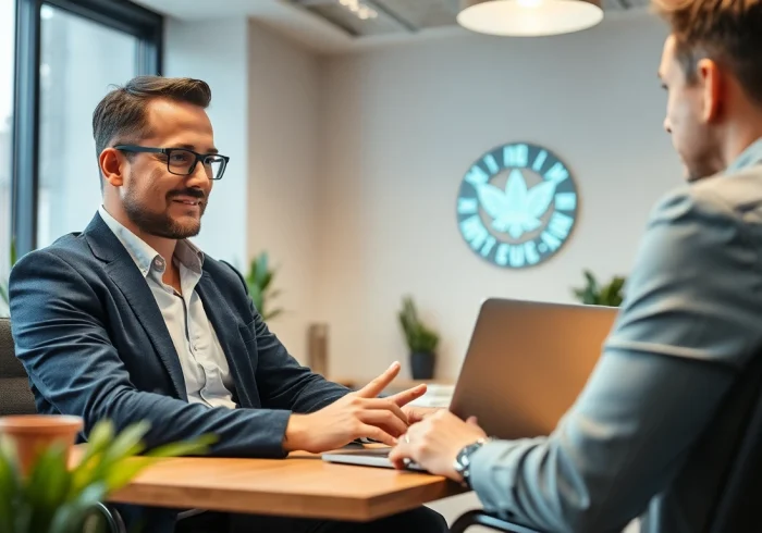 Headhunter Leverkusen berät einen Klienten in einem modernen Büro.