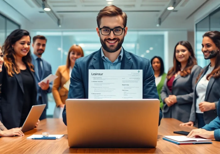 Berater bei der Personalvermittlung unterstützt Fachkräfte bei der Jobsuche mit einem Laptop und Lebensläufen.