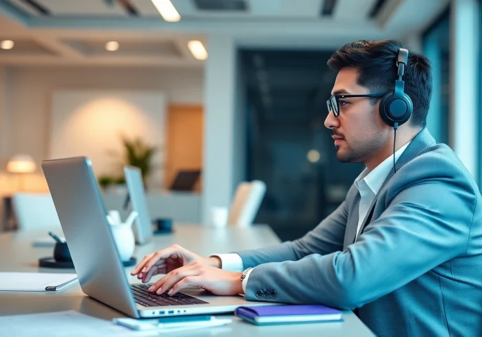 Headhunter conducting a video call in a modern office environment, displaying professionalism.