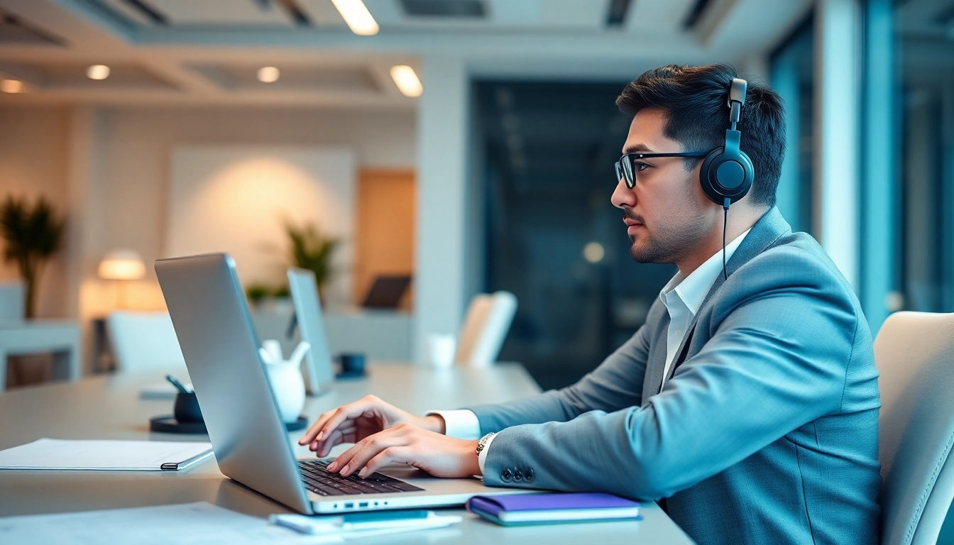Headhunter conducting a video call in a modern office environment, displaying professionalism.