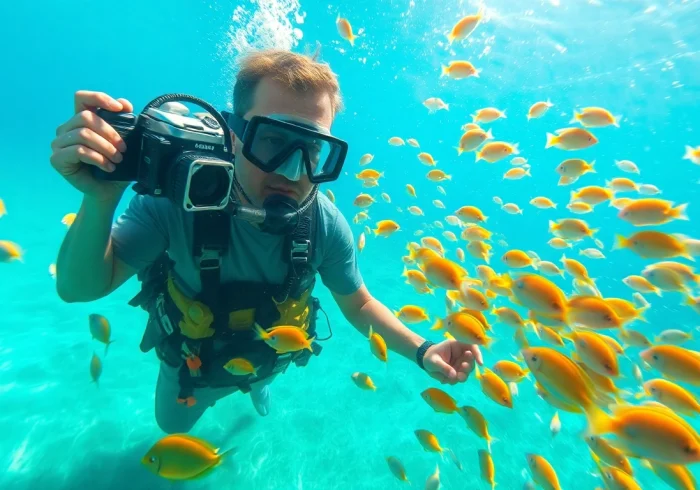 Tauchen lernen Mexiko: Ein Taucher im kristallklaren Wasser, umgeben von bunten Fischen und Korallen.