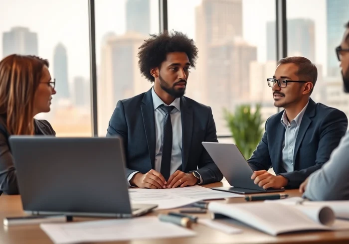 Headhunter Ingenieure in einem professionellen Meeting mit Ingenieuren im Büro.