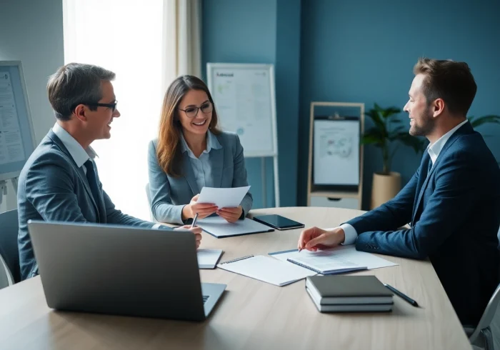 Headhunter Krefeld: Consultant engaging with client in a professional office.