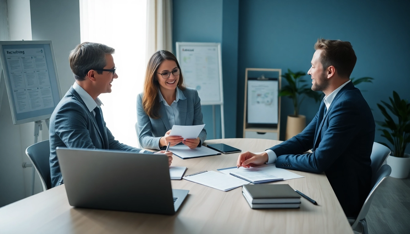 Headhunter Krefeld: Consultant engaging with client in a professional office.