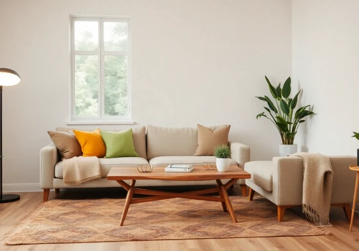 Raumgestaltung durch harmonische Farben und stilvolle Möbel im Wohnzimmer.