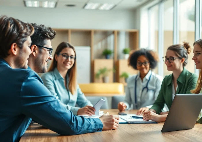 Gruppendiskussion über Gesundheitsinformationen in modernem Büro, Menschen austauschen