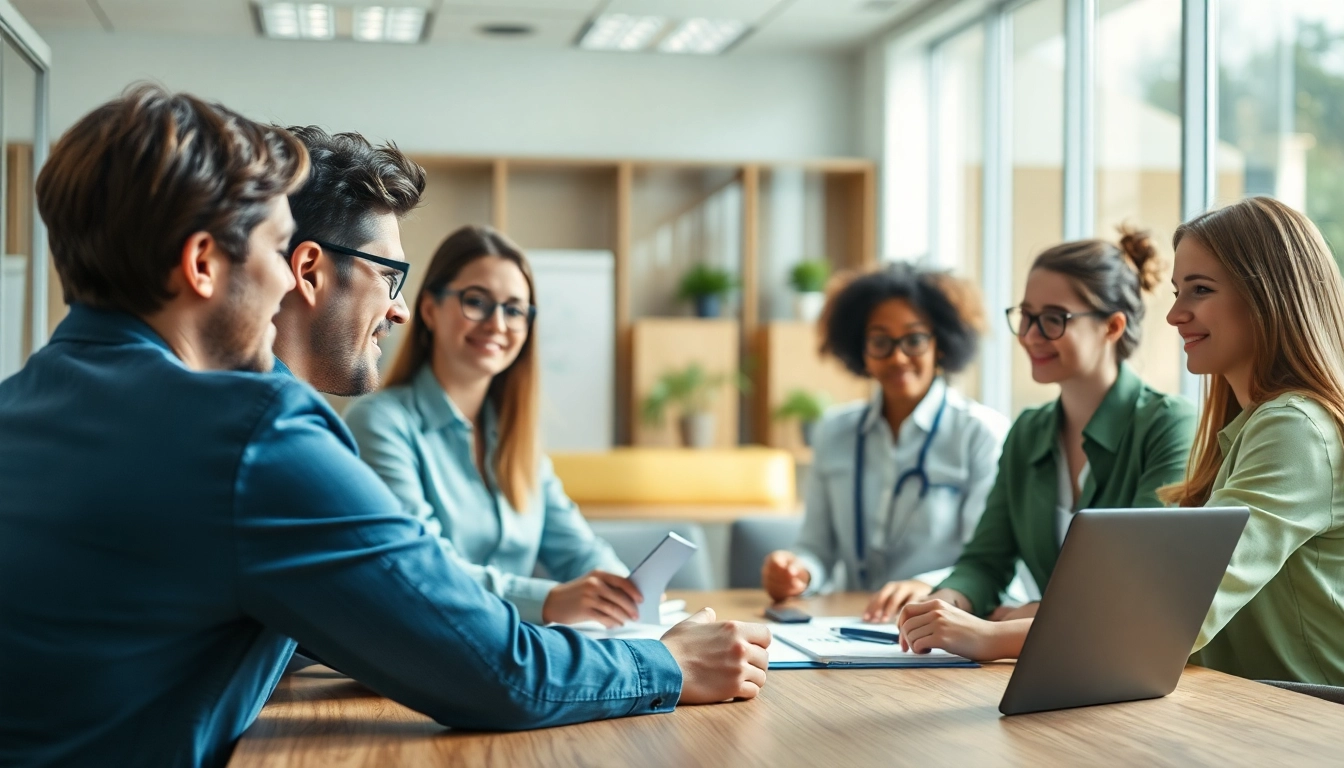 Gruppendiskussion über Gesundheitsinformationen in modernem Büro, Menschen austauschen