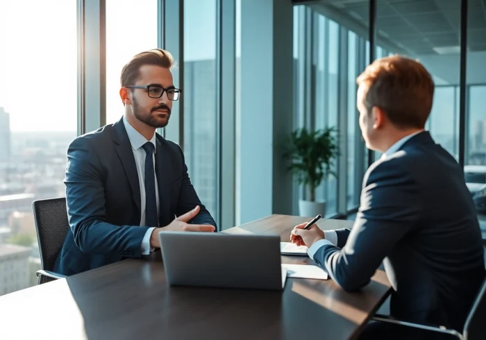 Headhunter Erfurt engaging in a client meeting in a professional office setting.