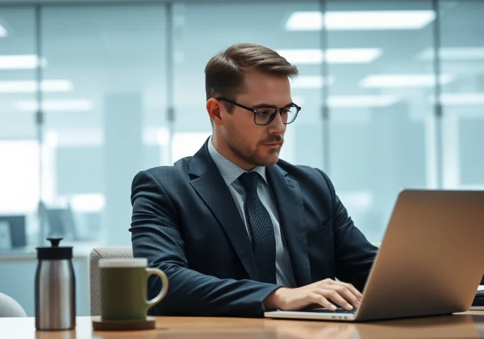 Headhunter arbeitet konzentriert in einem modernen Büro mit Laptop.