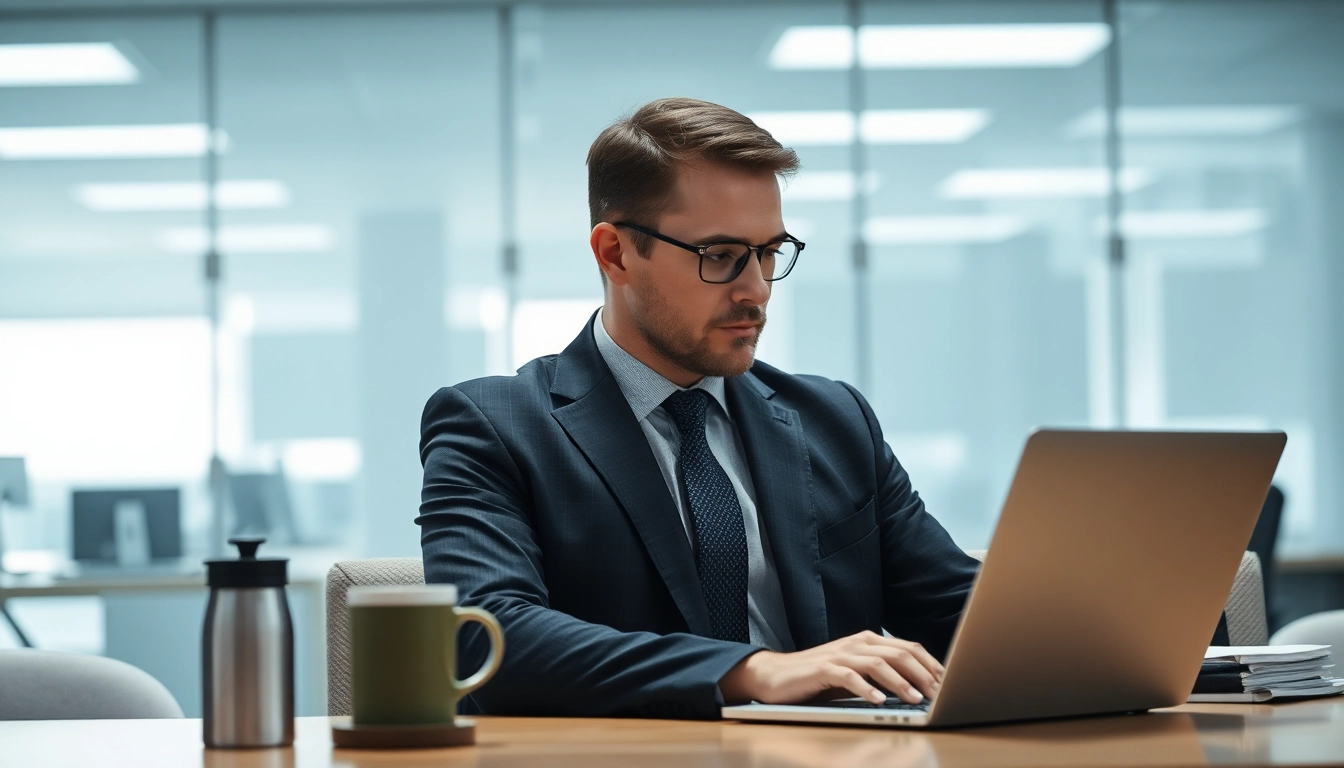 Headhunter arbeitet konzentriert in einem modernen Büro mit Laptop.