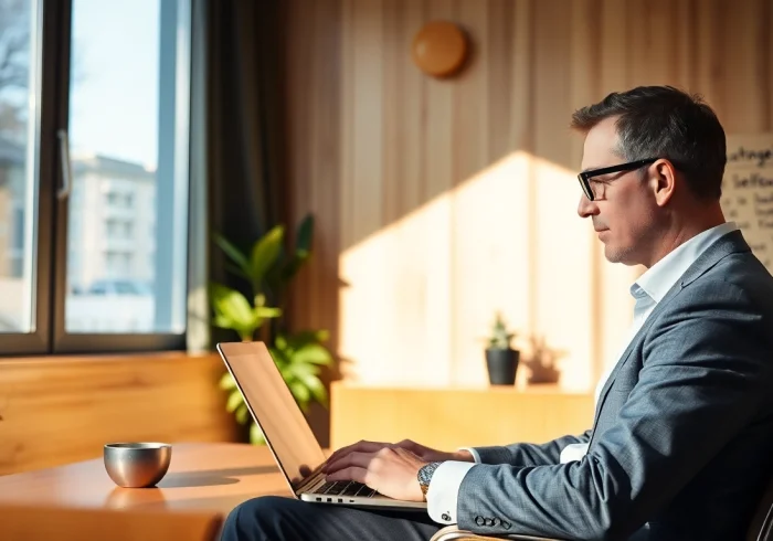 Headhunter Geschäftsführer analysiert Lebensläufe in modernem Büro.