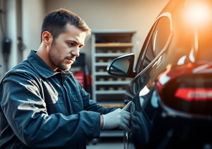 Smart Repair München Termin: Ein Mechaniker bei der professionellen Lackreparatur eines Autos in einer modernen Werkstatt.