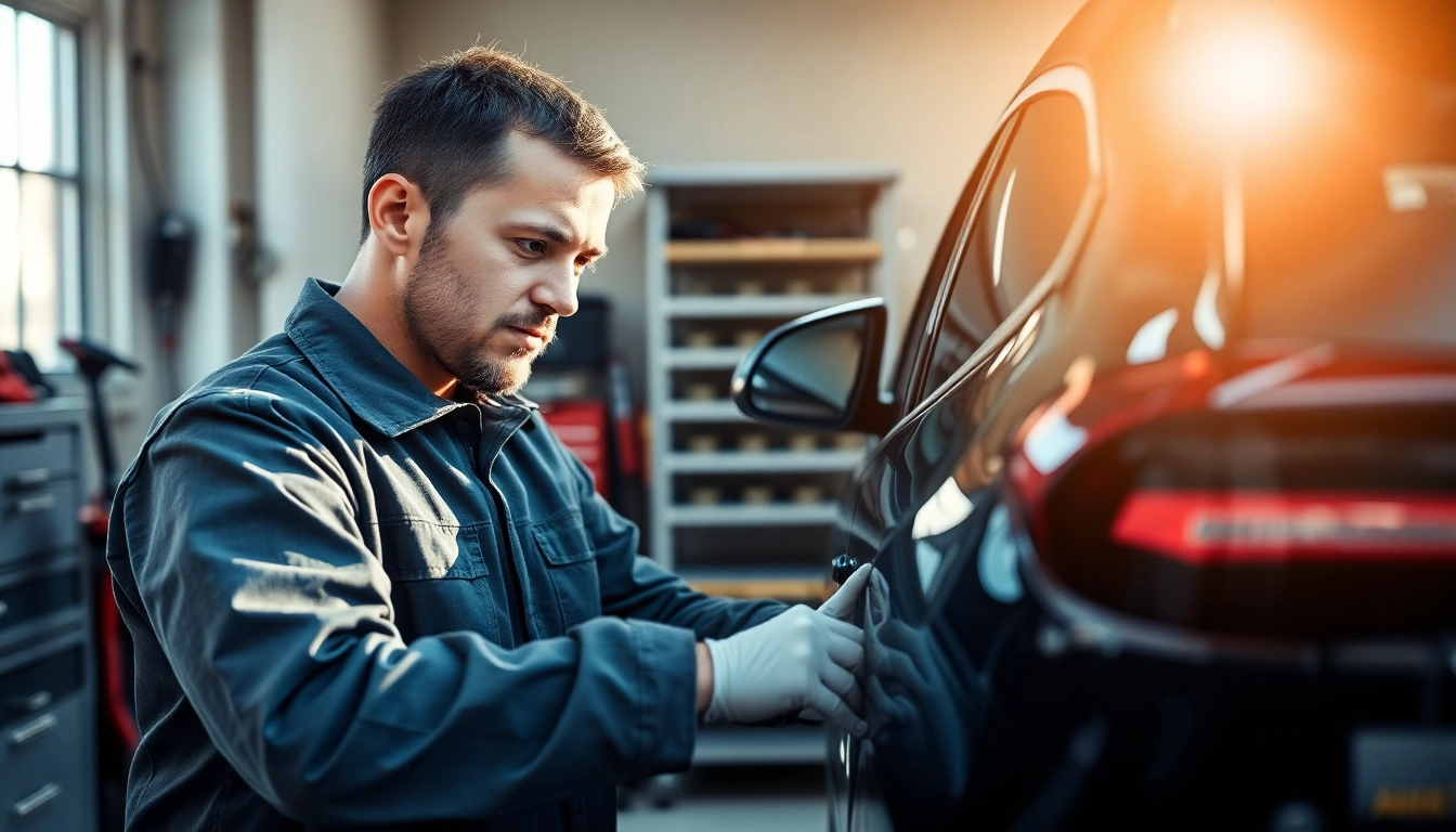 Smart Repair München Termin: Ein Mechaniker bei der professionellen Lackreparatur eines Autos in einer modernen Werkstatt.