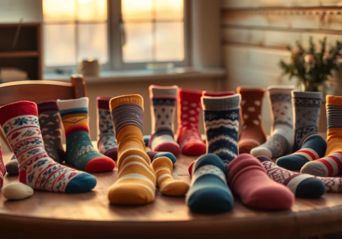 getragene Socken verkaufen - Ein Tisch dekoriert mit bunten, getragenen Socken in einem warmen, einladenden Licht.