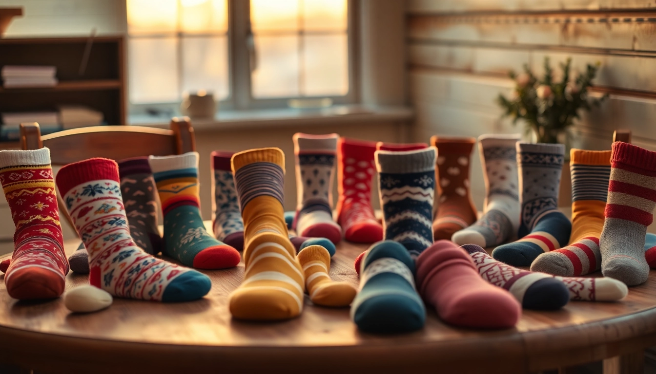 getragene Socken verkaufen - Ein Tisch dekoriert mit bunten, getragenen Socken in einem warmen, einladenden Licht.