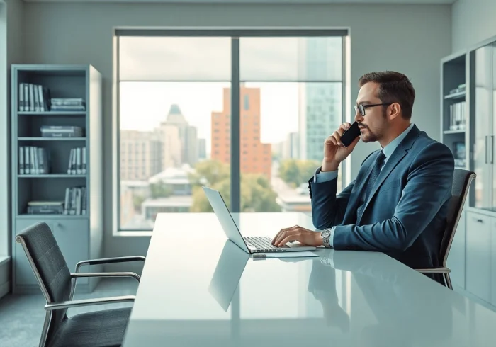 Ein Headhunter IT im modernen Büro telefoniert und arbeitet an einem Laptop.