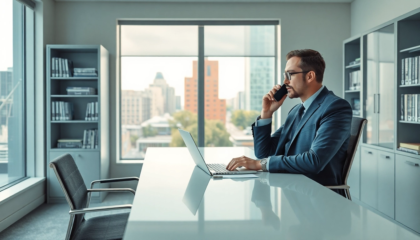 Ein Headhunter IT im modernen Büro telefoniert und arbeitet an einem Laptop.