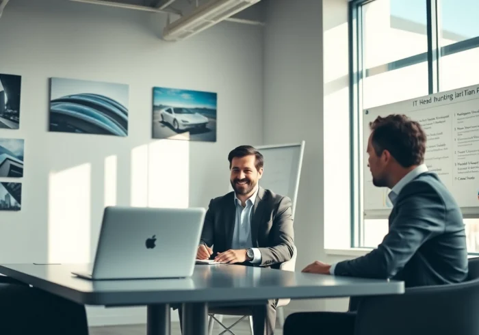 Professioneller Headhunter IT führt ein Interview mit einem IT-Kandidaten in einem modernen Büro.