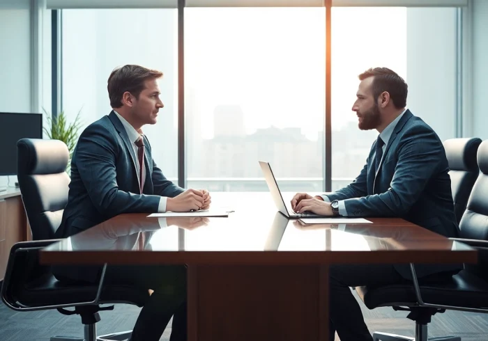 Headhunter IT interviewt einen IT-Kandidaten in einem modernen Büro.