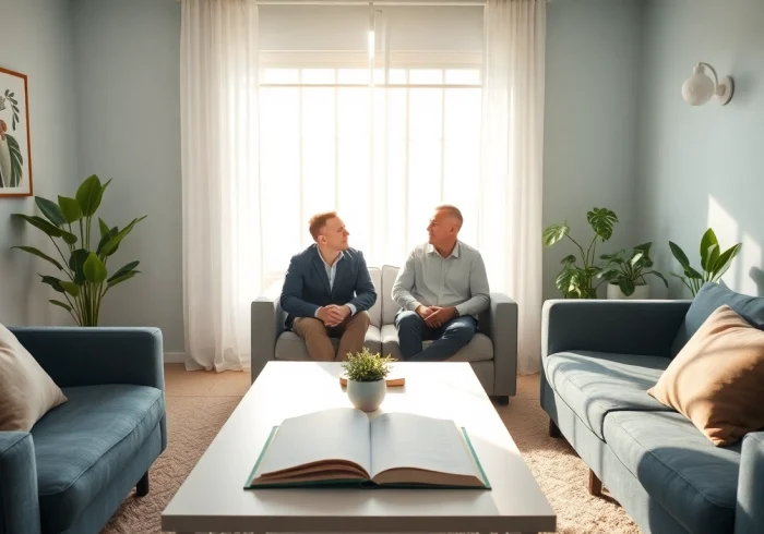 Coaching in Lebenskrisen: Eine vertrauensvolle Sitzung zwischen Coach und Klient in einem einladenden Raum.