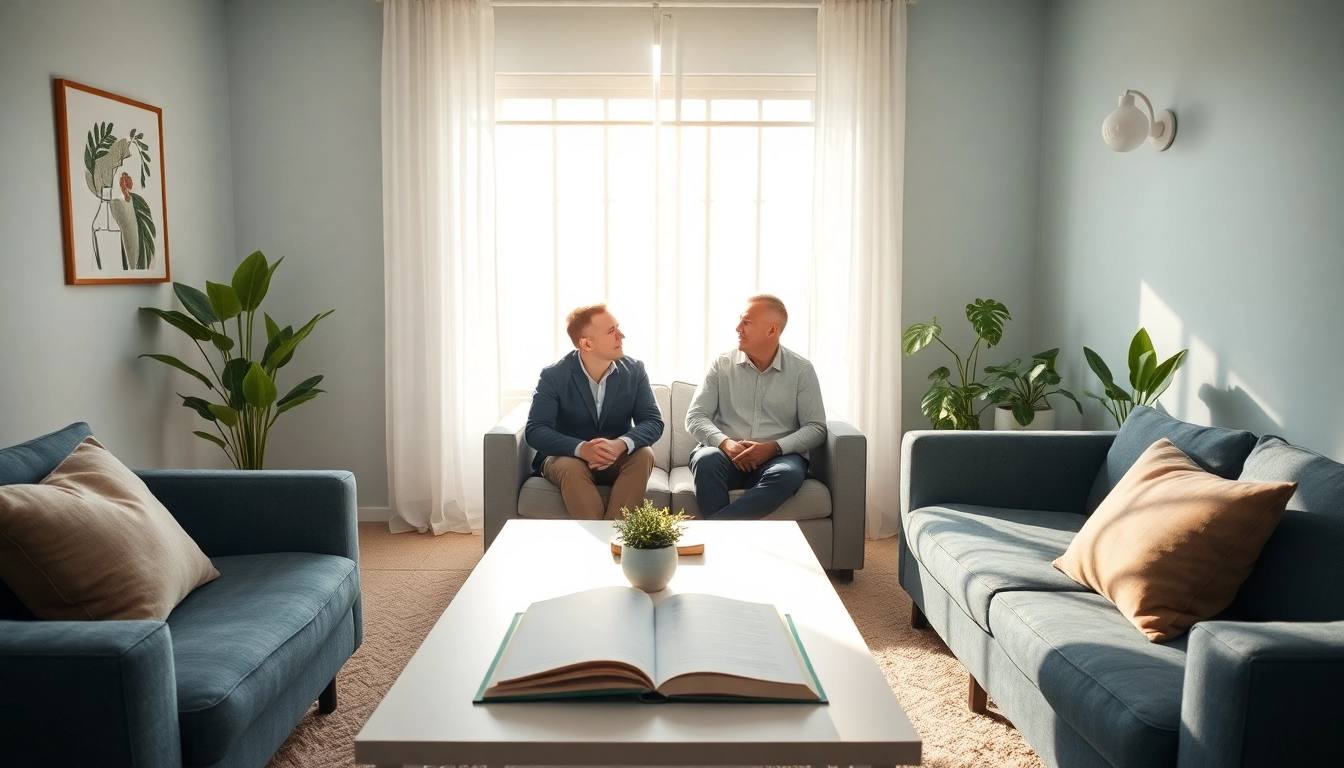 Coaching in Lebenskrisen: Eine vertrauensvolle Sitzung zwischen Coach und Klient in einem einladenden Raum.