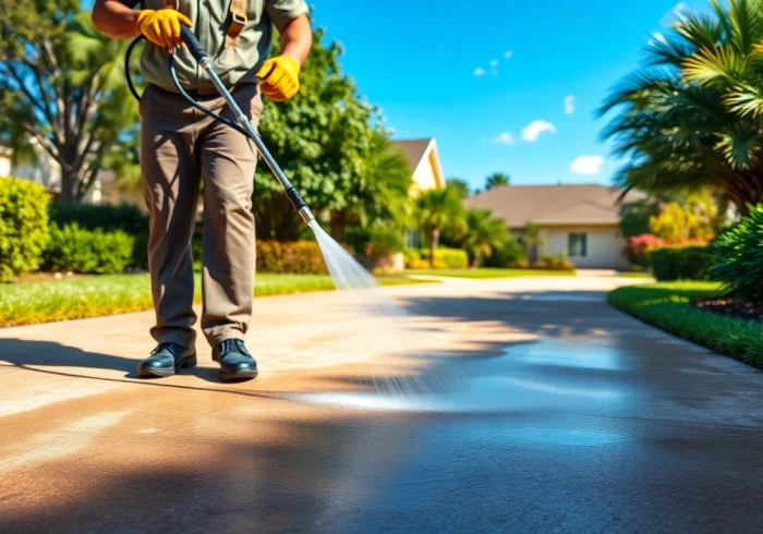 Driveway pressure wash in Kissimmee, showcasing effective cleaning by a technician.