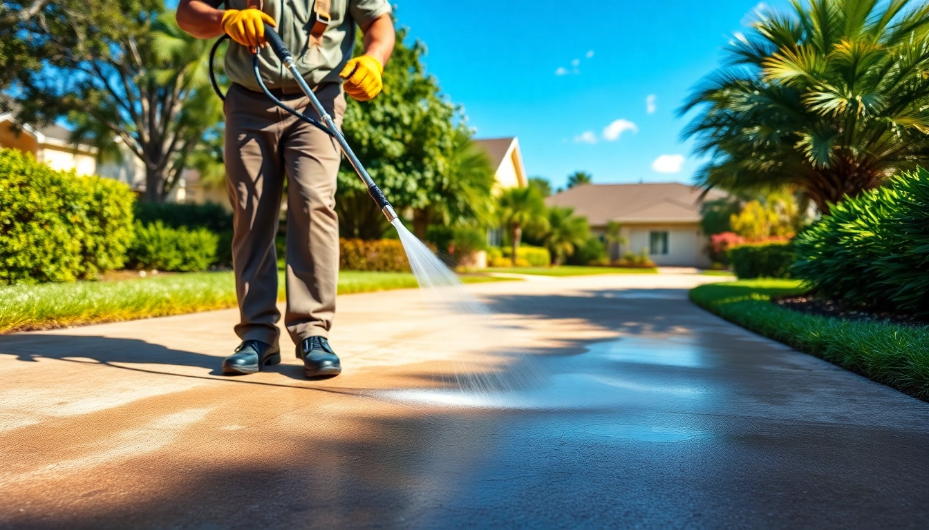 Driveway pressure wash in Kissimmee, showcasing effective cleaning by a technician.