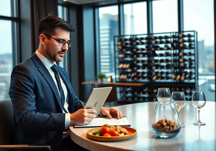 Headhunter Gastronomie analysiert Lebensläufe in einem modernen Büro mit eleganter Einrichtung.