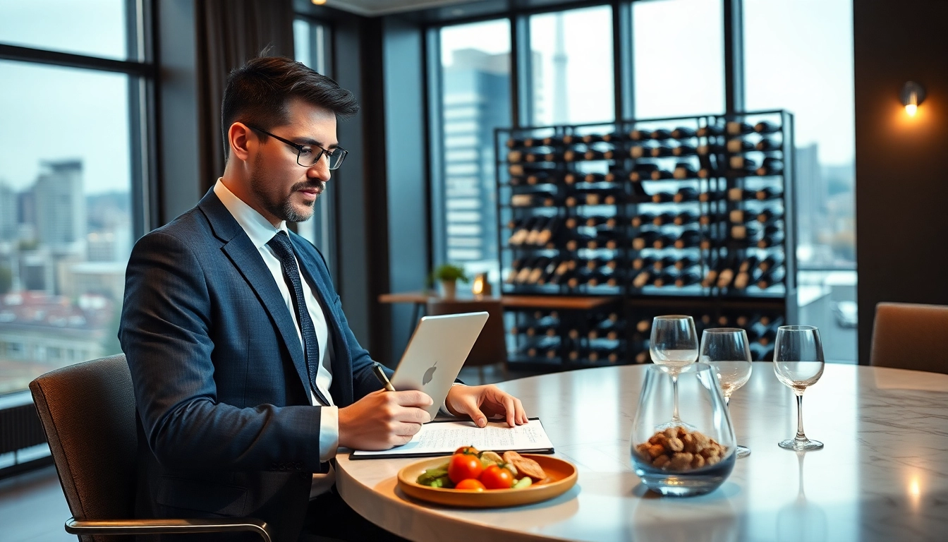 Headhunter Gastronomie analysiert Lebensläufe in einem modernen Büro mit eleganter Einrichtung.