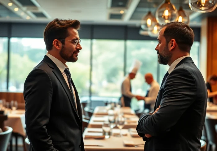 Headhunter Gastronomie, der mit einem Bewerber in einem stilvollen Restaurant spricht.