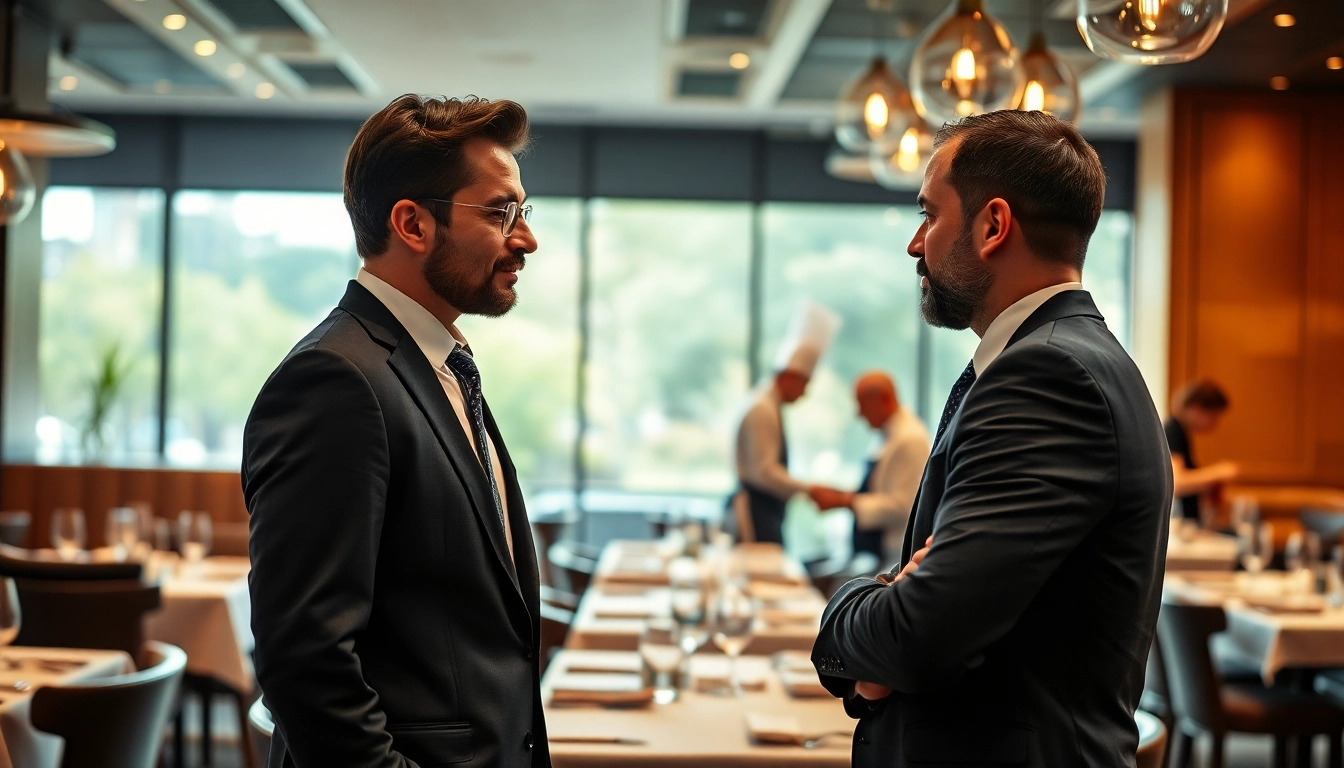 Headhunter Gastronomie, der mit einem Bewerber in einem stilvollen Restaurant spricht.