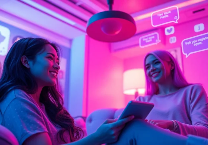 Engaging AI chat porn experience in a cozy virtual environment with avatars.