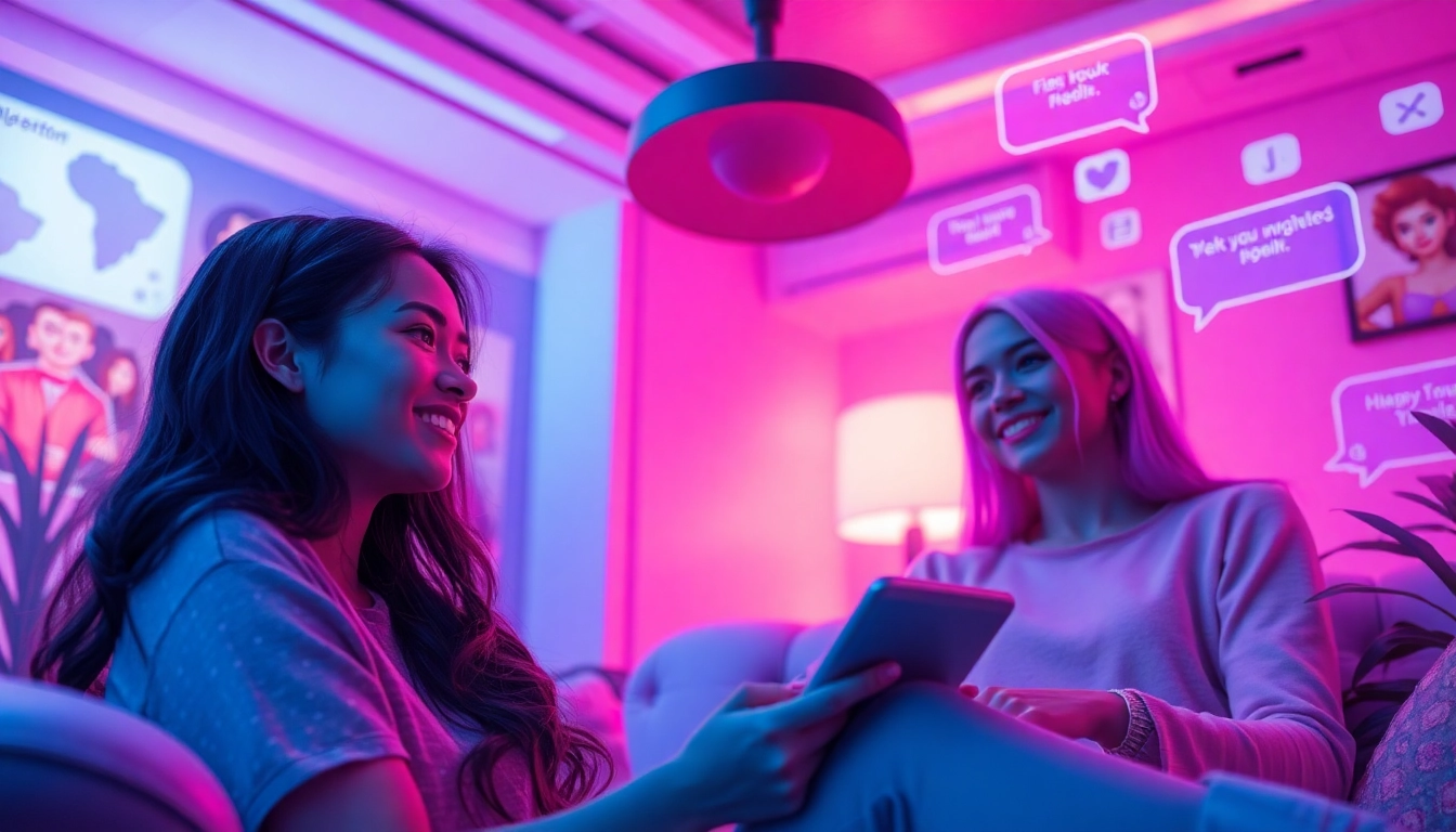 Engaging AI chat porn experience in a cozy virtual environment with avatars.