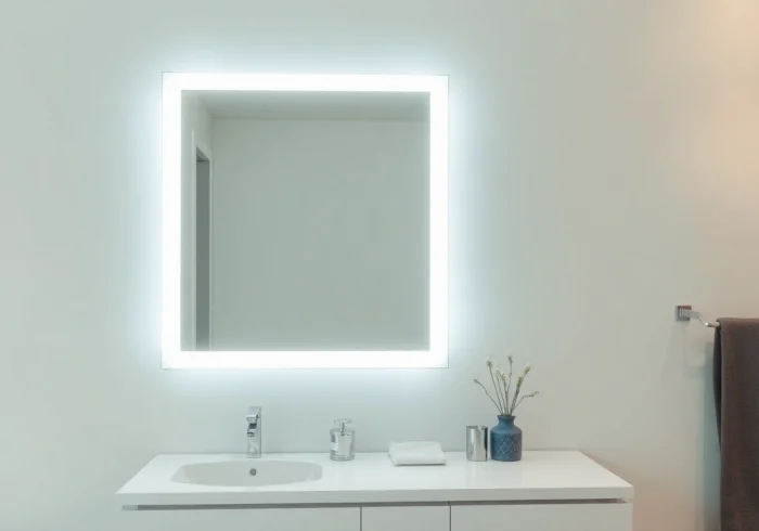 Praktischer spiegelschrank mit led Beleuchtung im modernen Badezimmer, das stilvolle Design und warme Beleuchtung bietet.