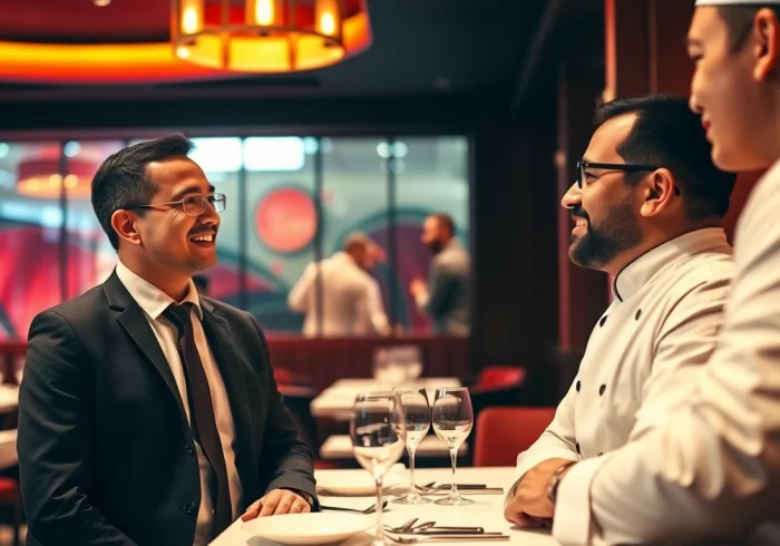HEADHUNTER GASTRONOMIE: Recruiter discusses career opportunities with chef in a luxurious restaurant.