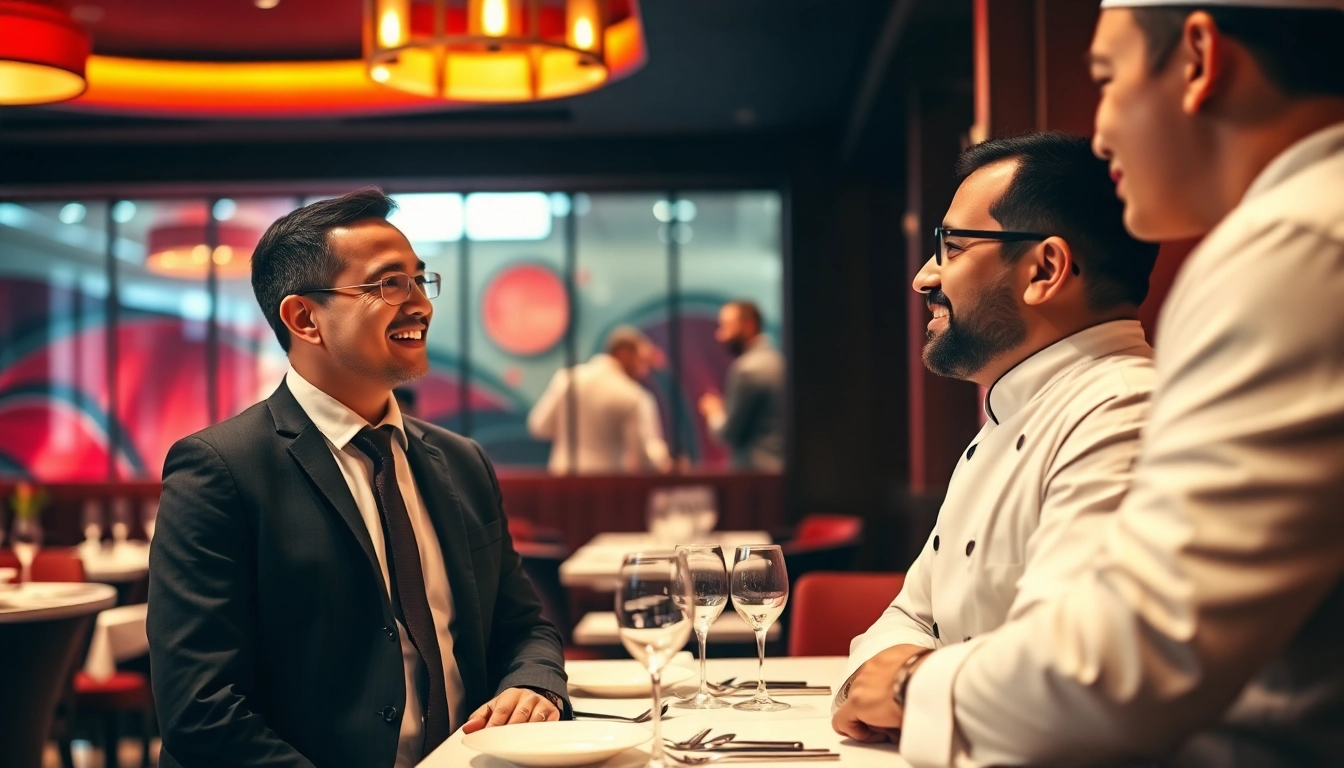 HEADHUNTER GASTRONOMIE: Recruiter discusses career opportunities with chef in a luxurious restaurant.