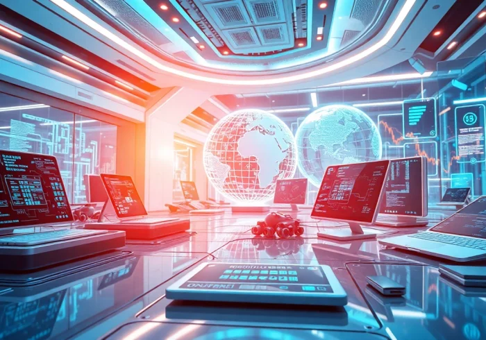 Technologie-Konzept mit futuristischen Geräten und dynamischer Umgebung.