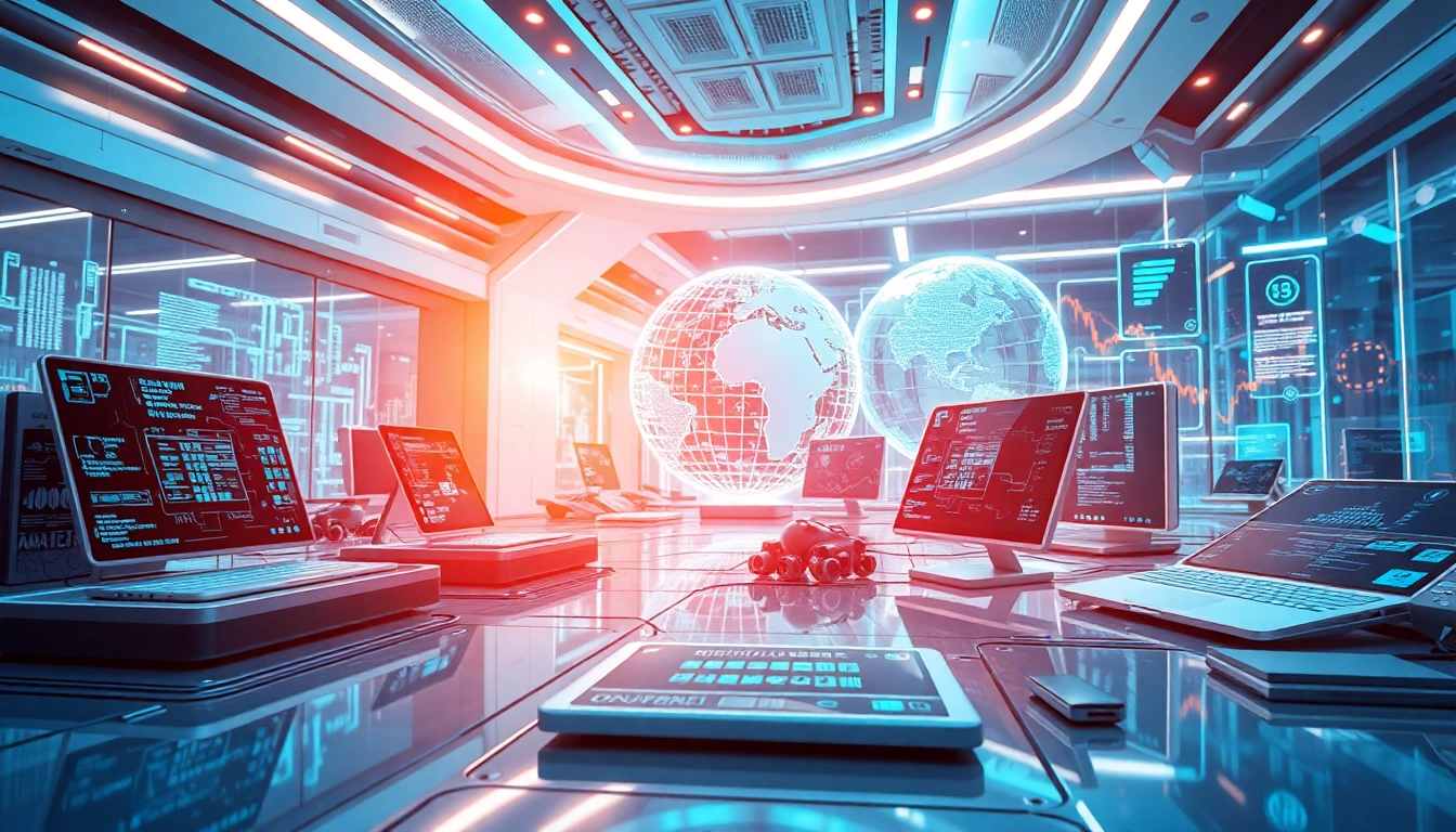 Technologie-Konzept mit futuristischen Geräten und dynamischer Umgebung.