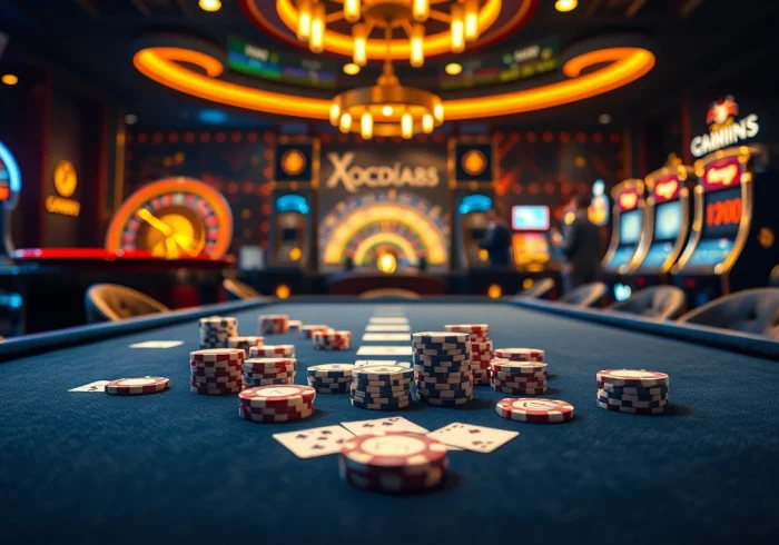 Engage in thrilling XOCDIA88 gaming with vibrant poker chips and an inviting roulette wheel.