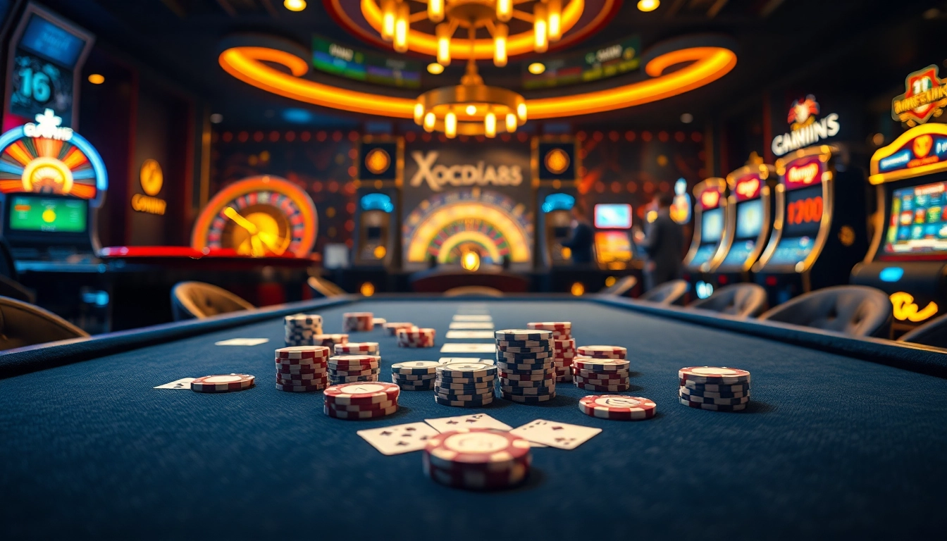 Engage in thrilling XOCDIA88 gaming with vibrant poker chips and an inviting roulette wheel.