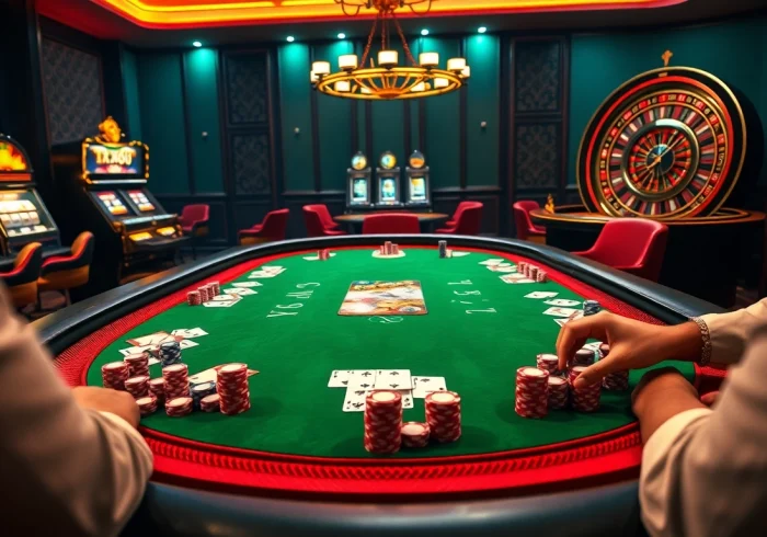Experience the thrill of a TX666 casino game with vibrant poker chips and an inviting atmosphere.