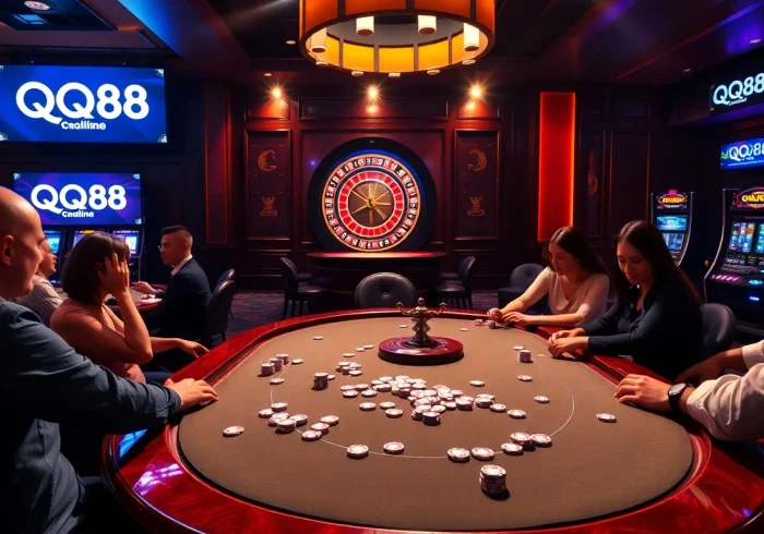 Players placing bets at a QQ88 poker table in a luxurious casino setting.