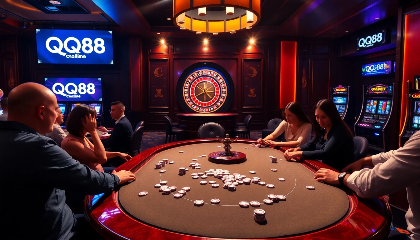 Players placing bets at a QQ88 poker table in a luxurious casino setting.