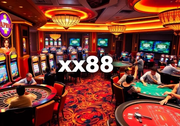 Exciting casino scene featuring players at https://xx88tv.com/ roulette and slot machines, vibrant atmosphere.
