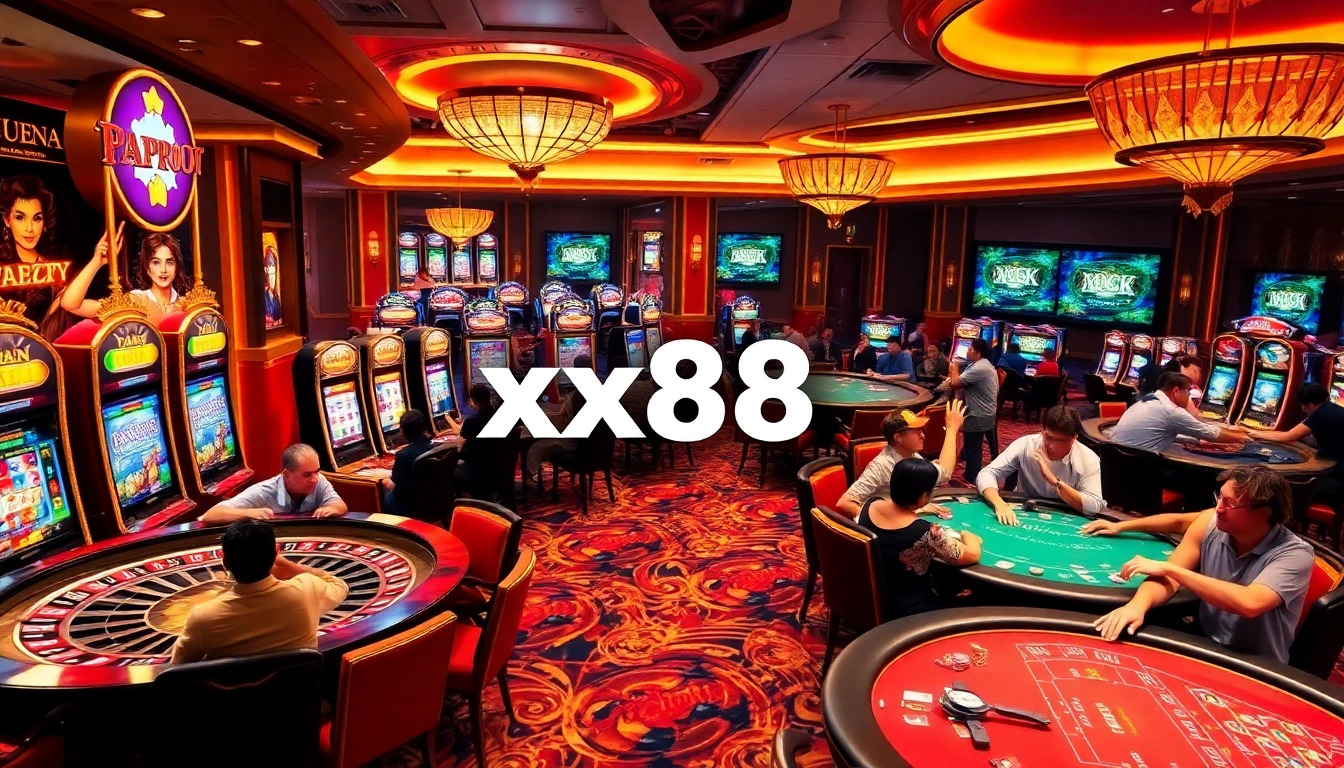 Exciting casino scene featuring players at https://xx88tv.com/ roulette and slot machines, vibrant atmosphere.