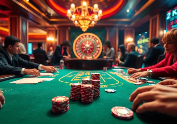 SODO66 poker players strategizing at a vibrant casino table with colorful chips and cards.