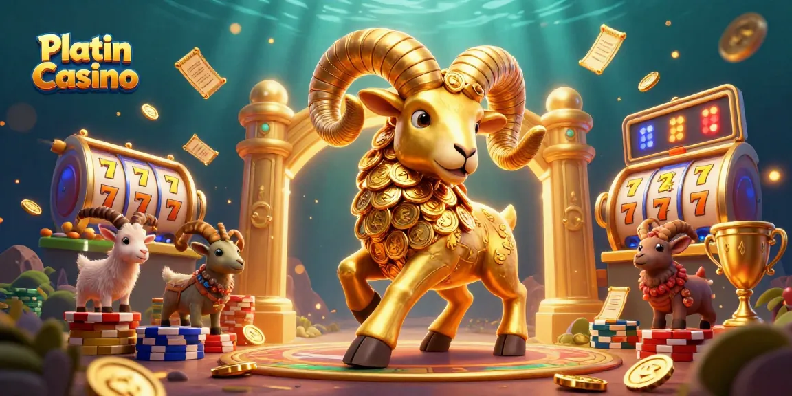 Platin Casino showcases a golden ram charging through a lively gambling scene filled with slot reels and trophies.