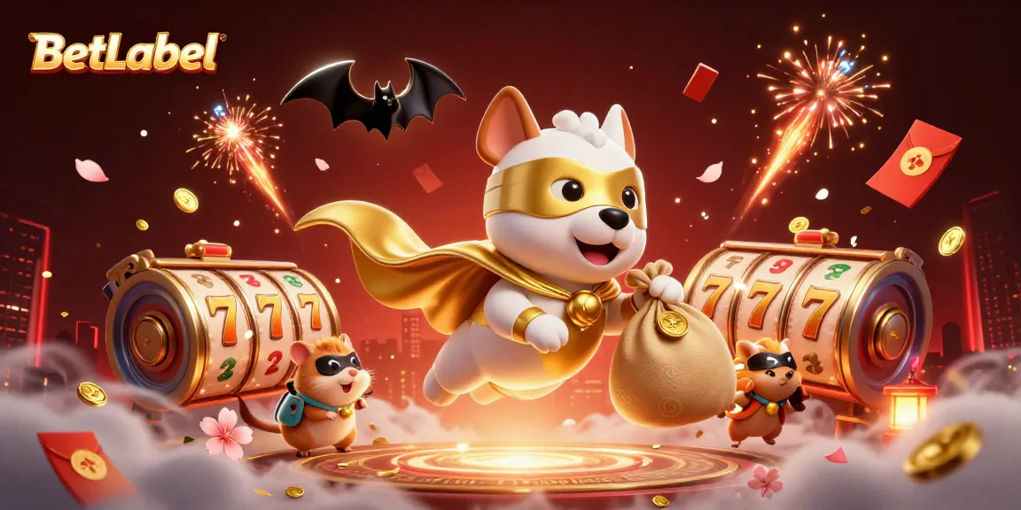 BetLabel's vibrant 3D illustration showcases an action-packed casino adventure with a superhero dog and festive elements.